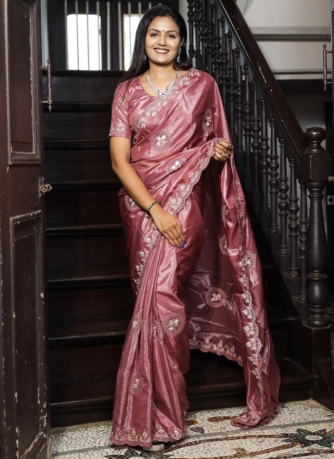 Silk Pink Traditional Wear Cut Work Saree